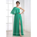 ED029 One Shoulder Ribbons Green Chiffon High Slit Sexy Evening Dress